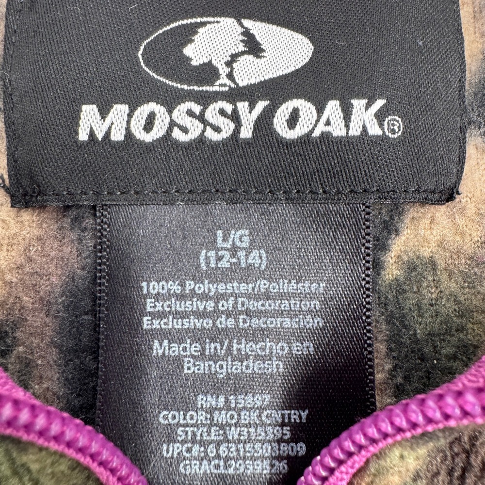 Mossy‎ Oak Fleece Jacket Girls Large 12-14 Camo Pink Trim Full Zip Mock Neck - Picture 3 of 8